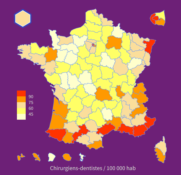 Carte de répartitions des chirurgiens-dentistes en France